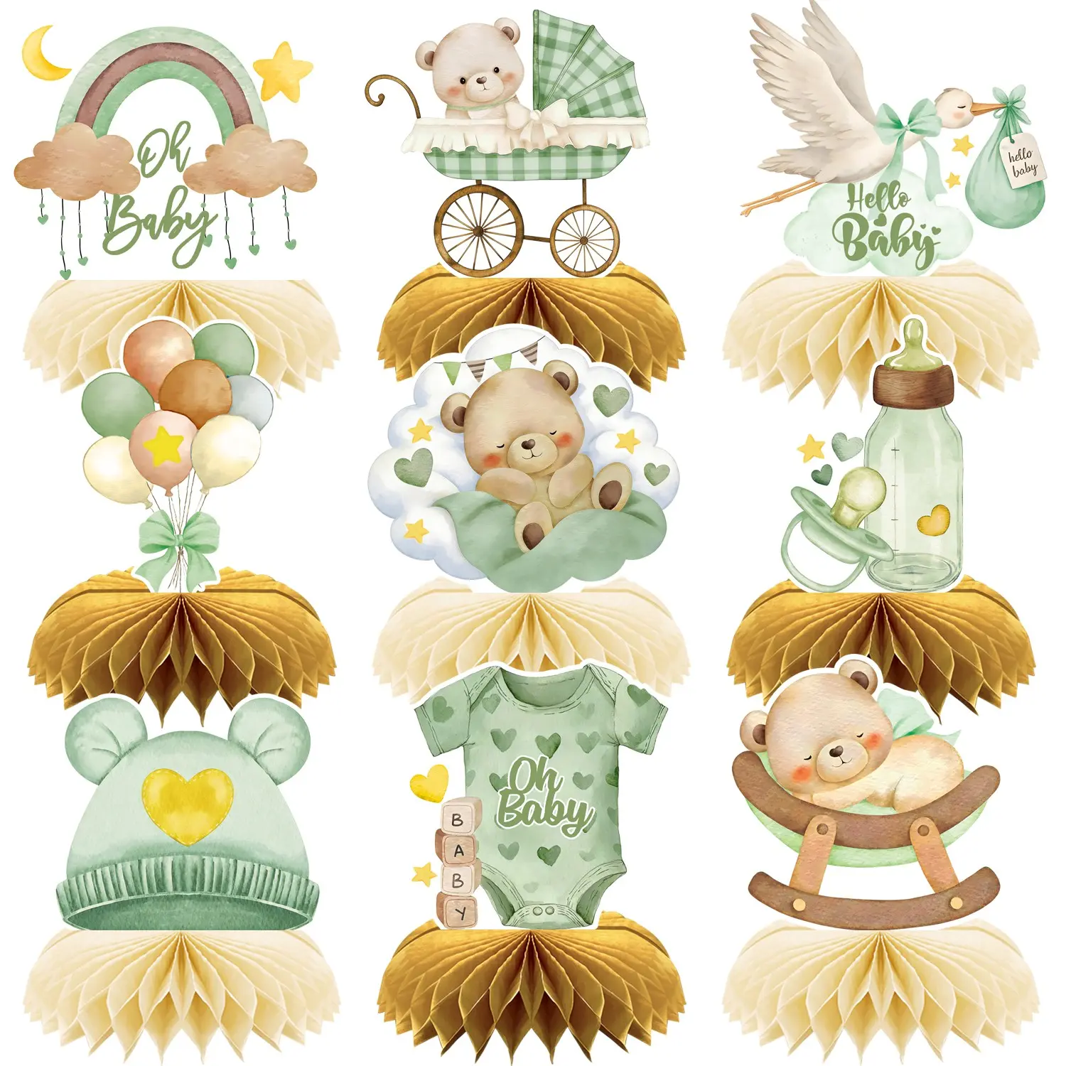 9Pcs Sage Green Bear Baby Shower Decorations Oh Baby Honeycomb Centerpieces Cute Watercolor Bear Theme Table Toppers for Birthday, Gender Reveal Party Supplies