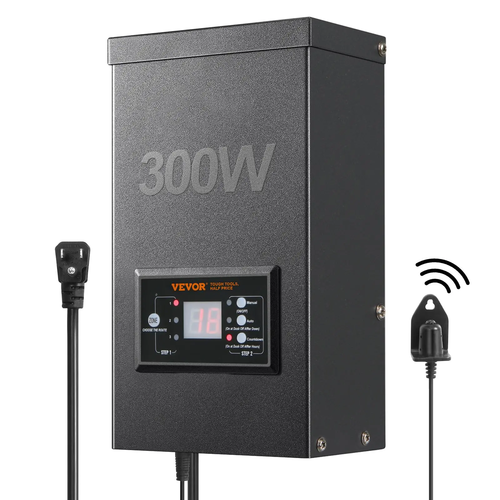 【Backtoschool】VEVOR 300W Low Voltage Landscape Transformer - Energy Saving, Wall Mount, 6ft Sensor Cable, Timer Control, 1-12 Hours Timer, Photocell Sensor, Waterproof, 120V AC to 12V/14V AC for Outdoor Spotlight, Pathway Light, ETL, Landscape Light