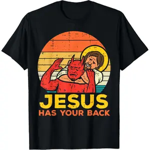 Men's Slim Fit Crew Neck % Cotton Classic Graphic T-Shirt - Jesus Has Your Back Retro Christian Funny Quote Tee, Turning Point Merch, Classic Graphic Shirt