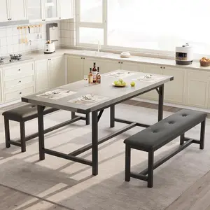 3 Piece Dining Table Set for 4-6, 63" Extendable Kitchen Table and Bench Set for 6, Metal Frame Rectangle Kitchen Table Set with 2 Upholstered Benches for Dining Room, Apartment, Retro Gray