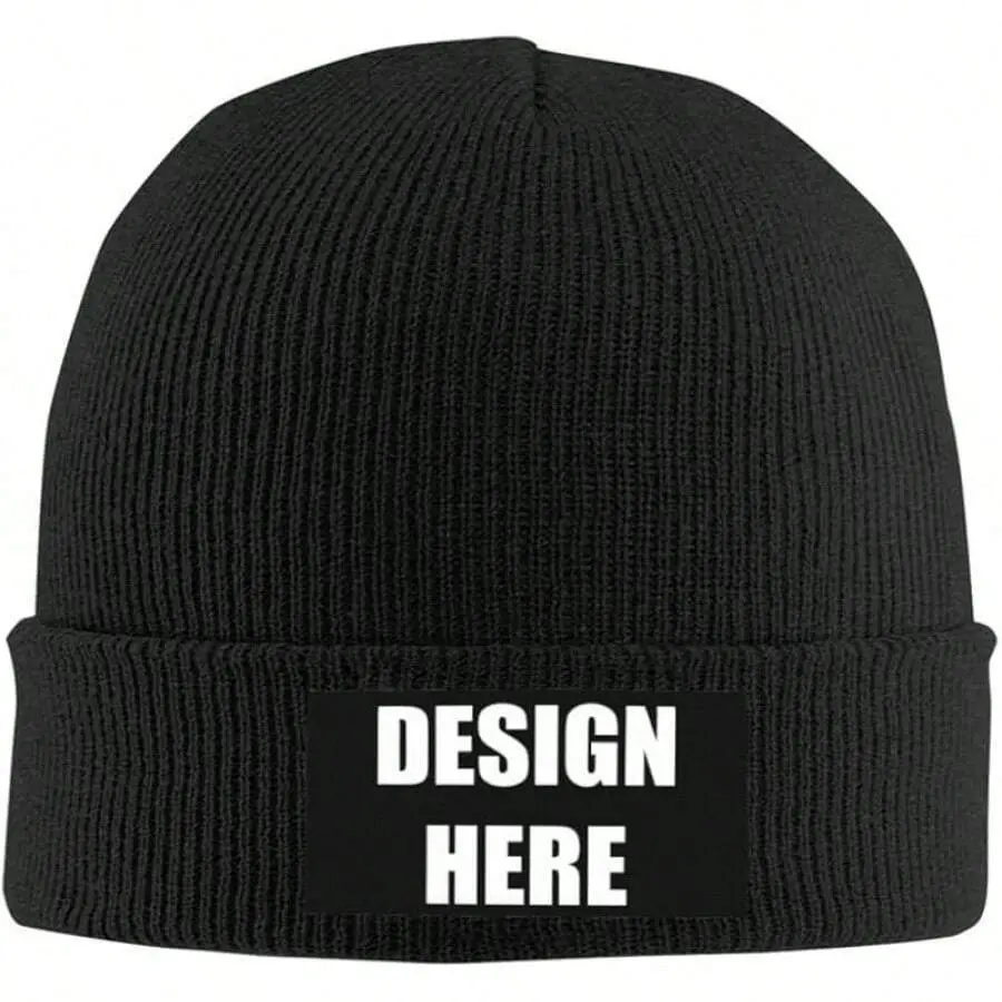 S&T Custom Beanie Fitted Hat - Personalized Winter Knit Cap for Men, Customizable with Photo, Logo or Text Name, One Size Fits Most
