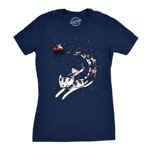 Womens Cat Reindeer Sleigh T Shirt Funny Santa Christmas Holiday Party Tee Funny Womens T Shirts Cute Vintage Fashion Casual Ladies T-Shirt Gift Christmas Tops for Women Funny Cat Top Women's Novelty Tees Navy