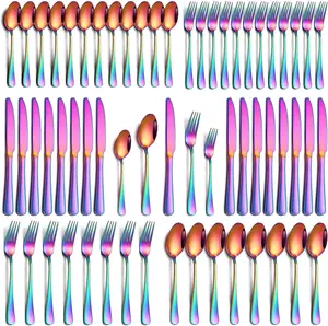 60-Piece Rainbow Stainless Steel Cutlery Set, Plastic-Free Modern Scratch-Resistant Dinner Set with Forks, Knives, Spoons, Durable Utensils for Home Kitchen, Outdoor Use, Modern Dinner Sets, Plastic-Free Dinner Sets,summerwins