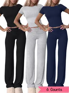 Women's Solid Tee & Flare Leg Pants Set, Casual Comfy Round Neck Short Sleeve Tee & Bell Bottom Trousers for Daily Wear, Ladies Summer Clothes