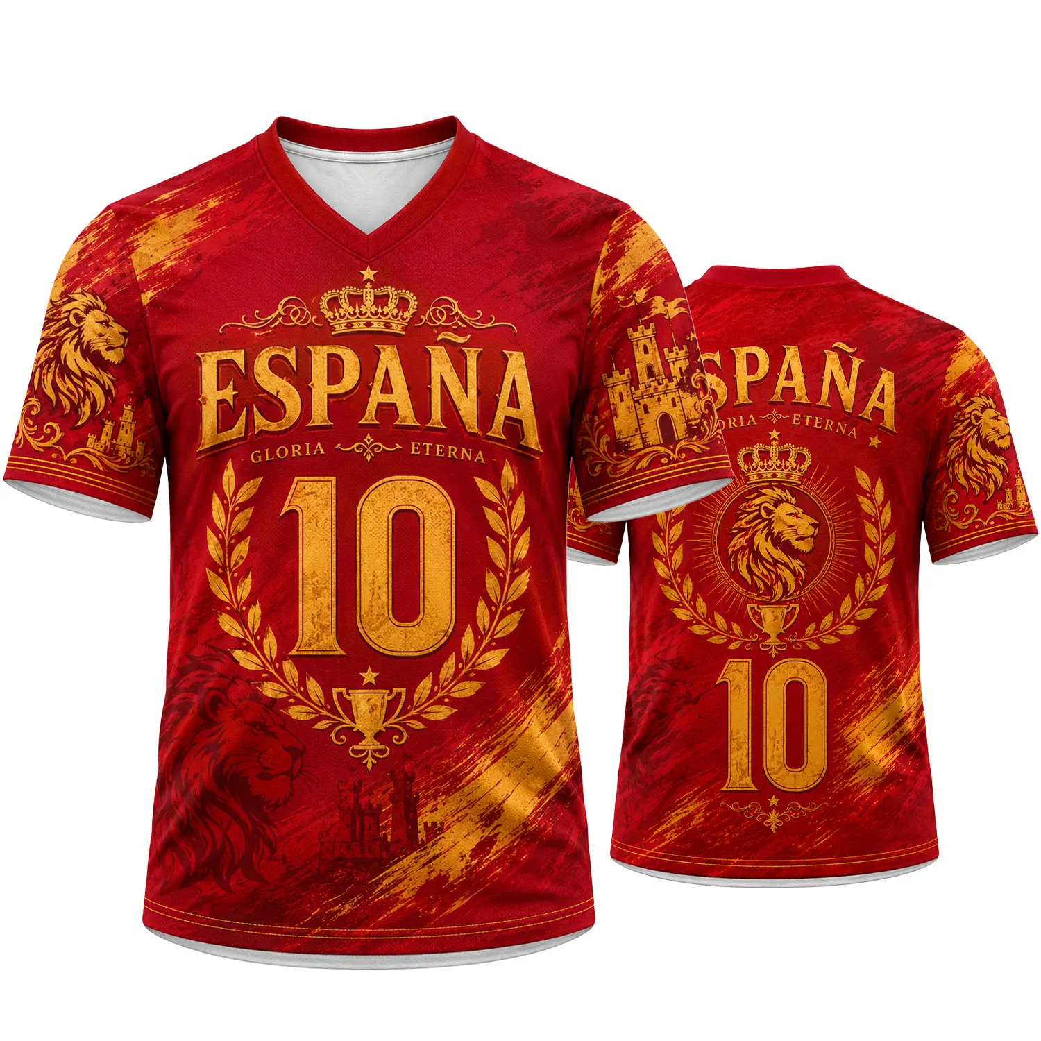 Spain Color-Inspired V-Neck Athletic Shirt for Men Women, Red Gold Lion Crown Laurel Number 10 Graphic Short Sleeve Casual Sports Top, Size S-5XL