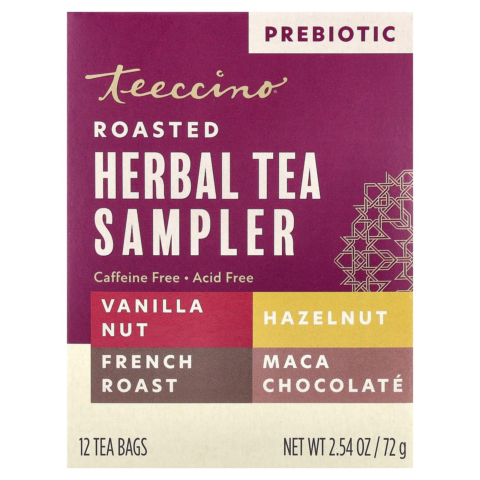 Teeccino Roasted Herbal Tea Sampler, 4 Flavors, Caffeine Free, 12 Tea Bags, 2.54 oz (72 g)