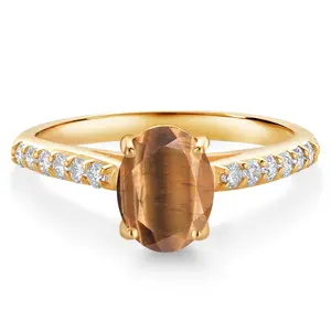 Gem Stone King 10K Yellow Gold Brown Tiger Eye and White Lab Grown Diamond Engagement Ring For Women (1.43 Cttw, Oval 8X6MM, Gemstone Birthstone)