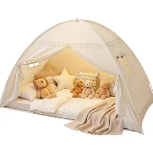 Twin Bed Tent for Kids Indoor, Toddler Bed Canopy with Star Lights & Flags, Twin Size Teepee Tents for Boys Girls Inside Bedroom (Golden Beige)