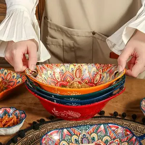 Ceramic Bowl Set, 4-Piece Boho-Style Colorful Bowls for Salad, Soup and Dessert, Tableware Set for Home Kitchen & Dining Room, Ceramic Pasta Bowls