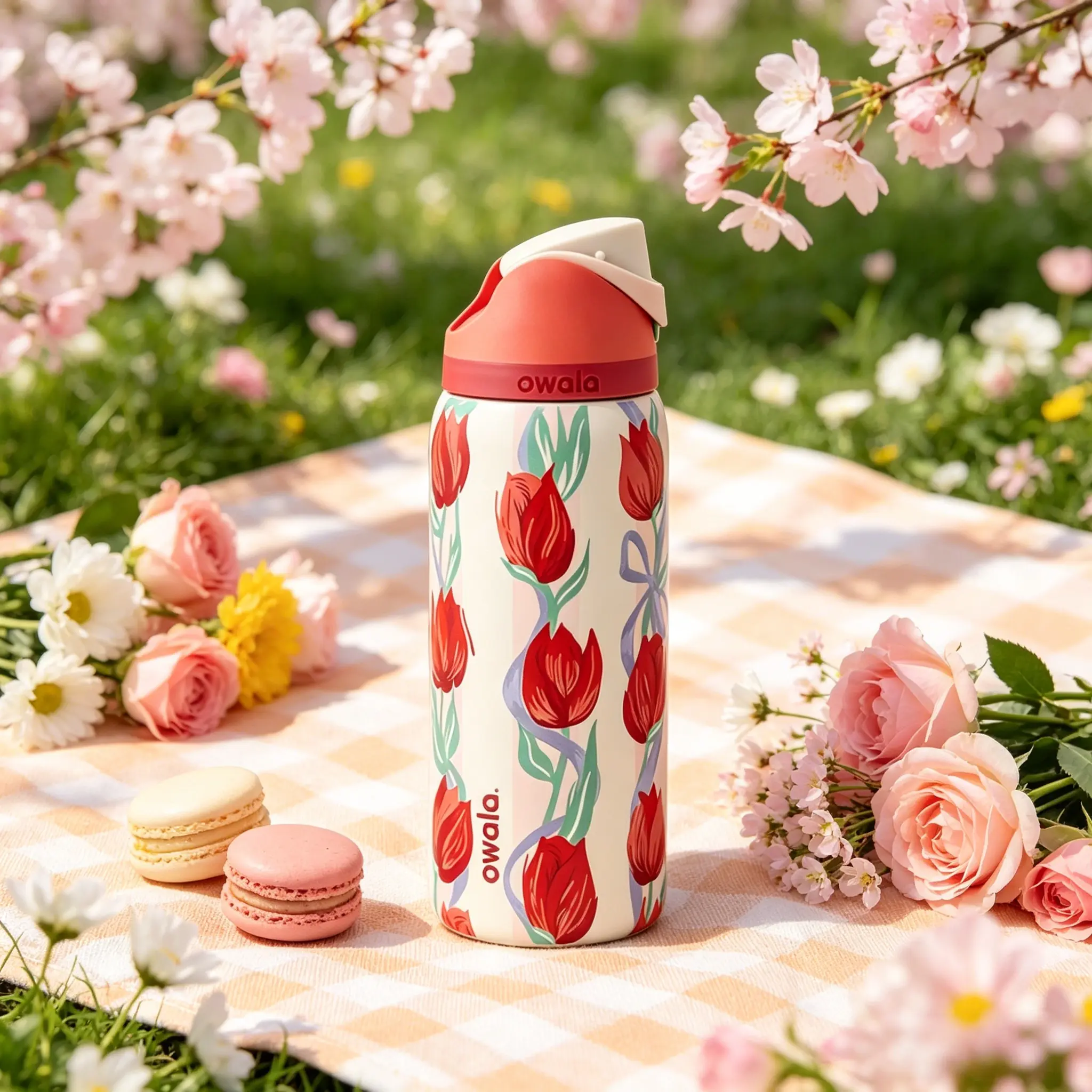 Owala 32oz Red Tulip Print Candy Coated Vacuum Insulated Tumbler - Portable, Lightweight, Compact Size Water Bottle for Spring Outings & Daily Use, Eco-Friendly Kitchen Drinkware for Environmentally Conscious Individuals