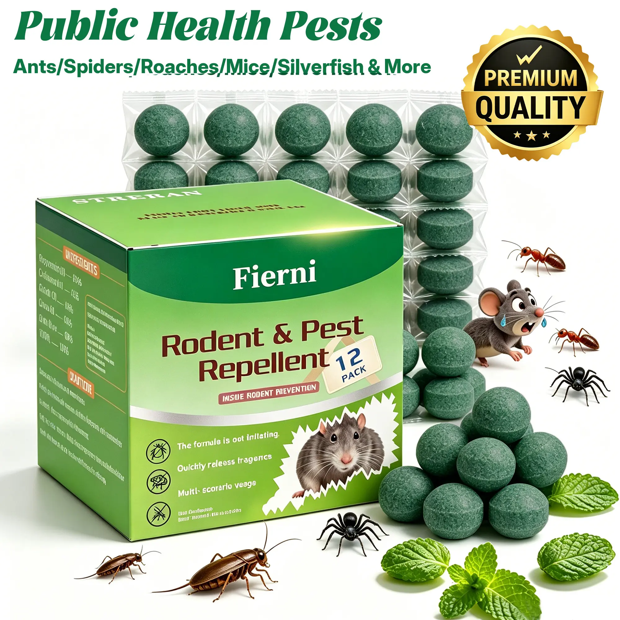 12-Pack Fierni Botanical Rodent Repellent Balls - Peppermint & Cedarwood Oil Infused, Anti-Mosquito Multi-Insect Odor Defense for Home, Garage Indoor/Outdoor Use