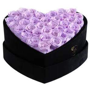 36 Lilac Roses in Velvet Heart Box - Heart Flowers Decorative Flower Bouquet Rose Forever Heart Shaped Roses Birthday Anniversary Girlfriend Gift Preserved Roses Valentine's Day Gift