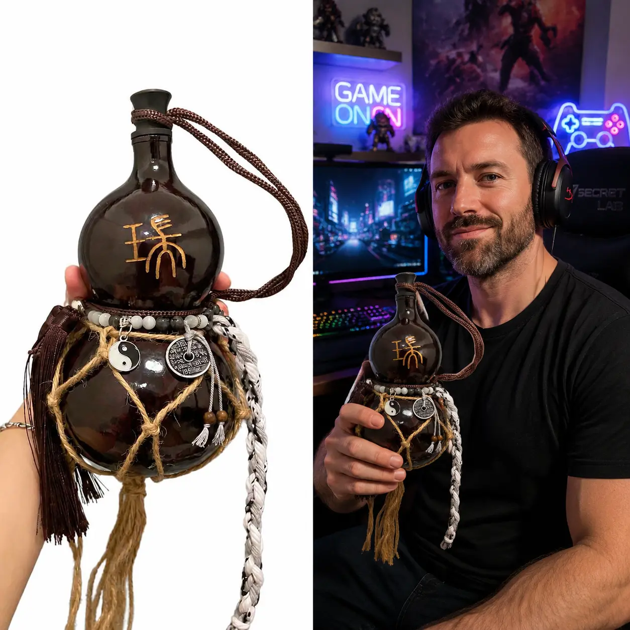 Wukong Red-Black Gourd Bottle with Coin Lanyard & Net Bag - Handmade Leakproof Martial Arts-Style Lucky Feng Shui Ornament, Natural Beeswaxed Vintage Decor, 4.3" x 8.7" Desktop/Study Decor, Gift for Him
