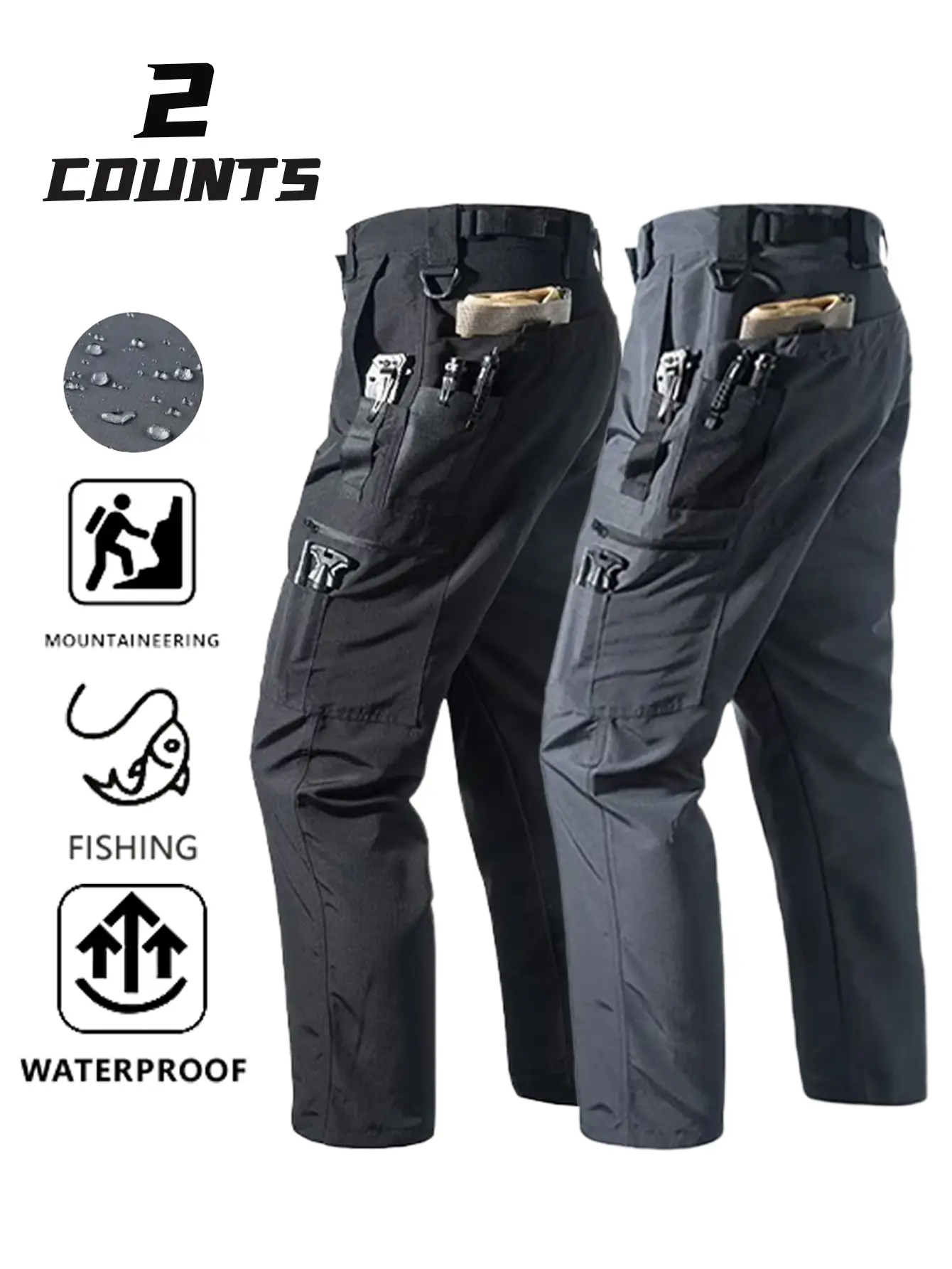 Men’s two-pack tactical cargo pants made from wear-resistant, tear-resistant fabric, featuring multiple tool storage pockets and a straight-leg cut, suitable for outdoor camping, fishing, mountaineering, and casual workwear looks.