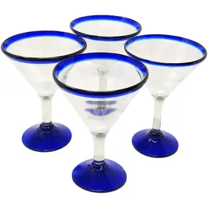 Cobalt Blue Rim Modern Margarita Glasses - Martini Style - Set of 4 (12 oz each)