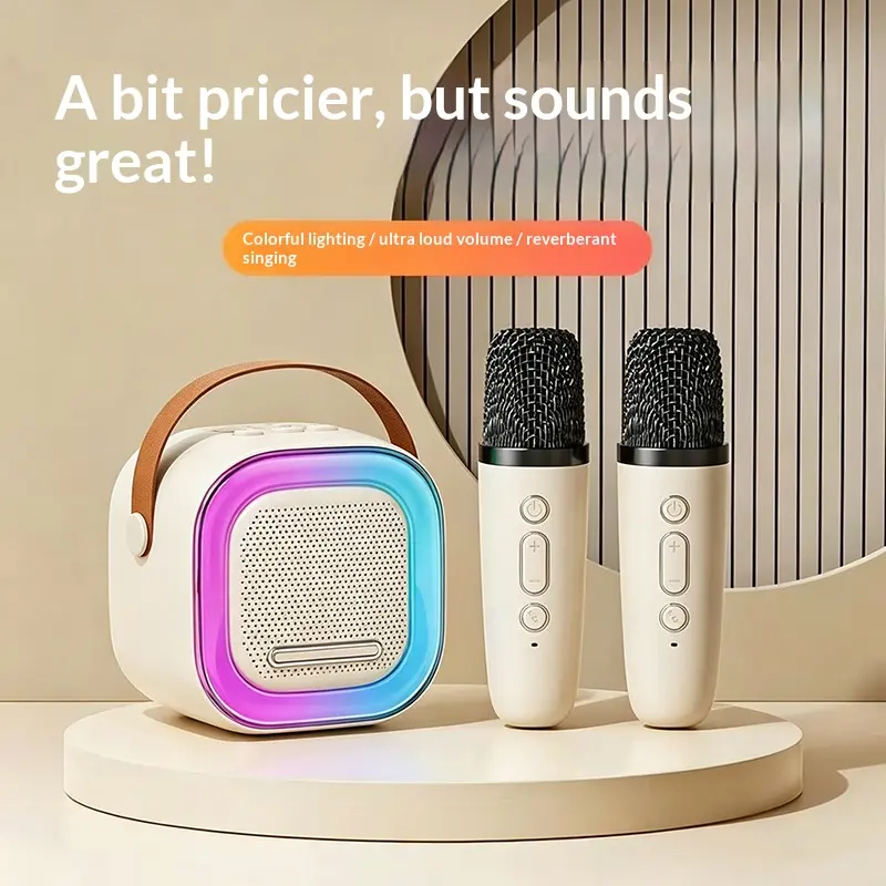 K-MYZS Small Bluetooth speaker，Portable Karaoke System, Mini Wireless Bluetooth BT Speaker with 2 Microphones, LED Nightlight for Party Use (Pink)