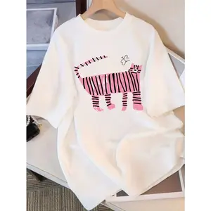 Womens Cotton Short Sleeve Graphic Tee Cute Pink Zebra Print Crewneck Casual Summer Top Soft Breathable Everyday Street Style Travel Beach Weekend Outfit