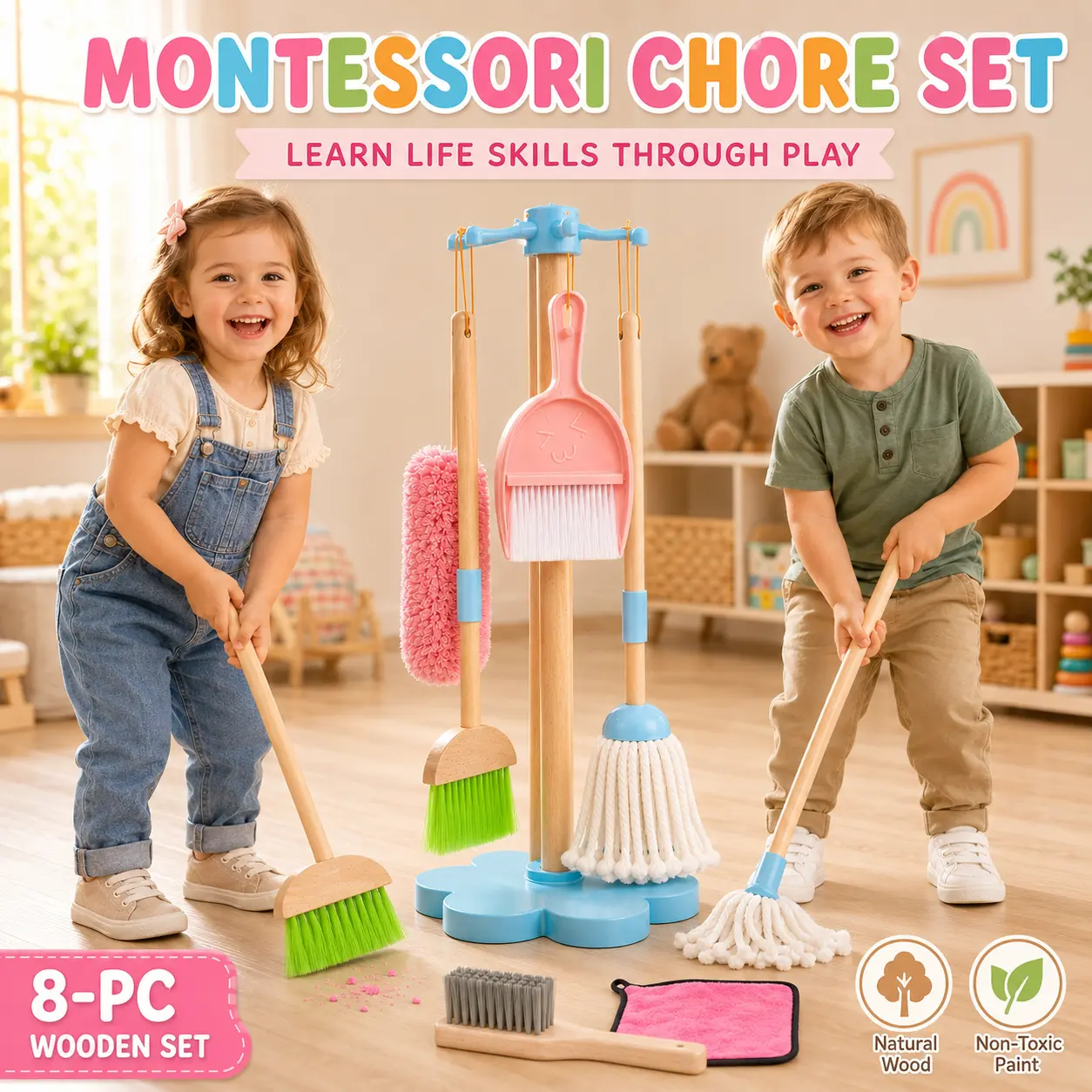Montessori Wooden Cleaning Toy Set, Pretend Play Broom & Mop Tools for Toddlers Ages 3+ play mini kitchen pink real