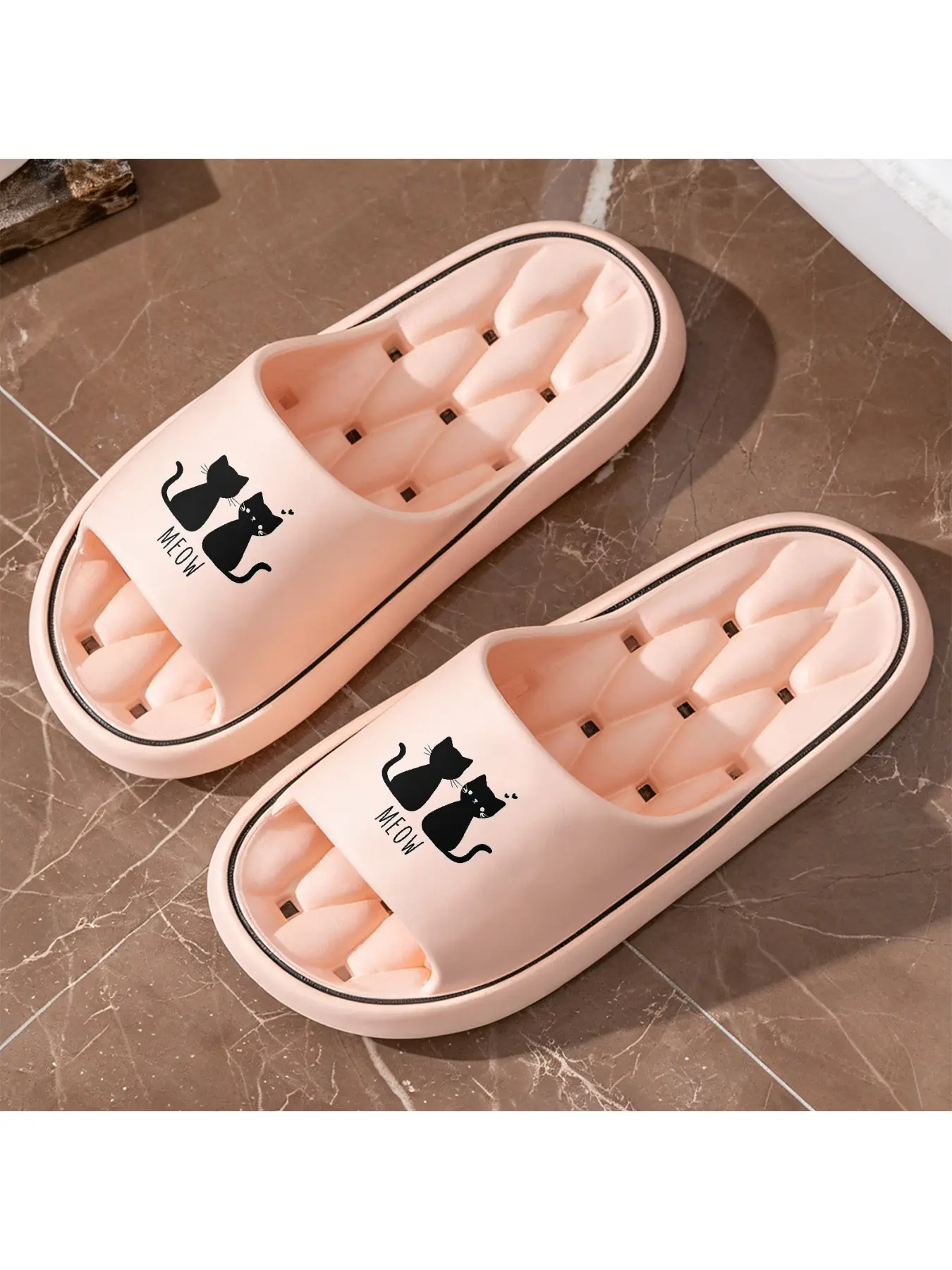 Cute Black Cat Couple "MEOW" Print Quick-Dry Hollow Out Slide Slippers, Non-Slip Drainage Bathroom Shower Shoes, Soft Cushioned Home Sandals for Cat Lovers