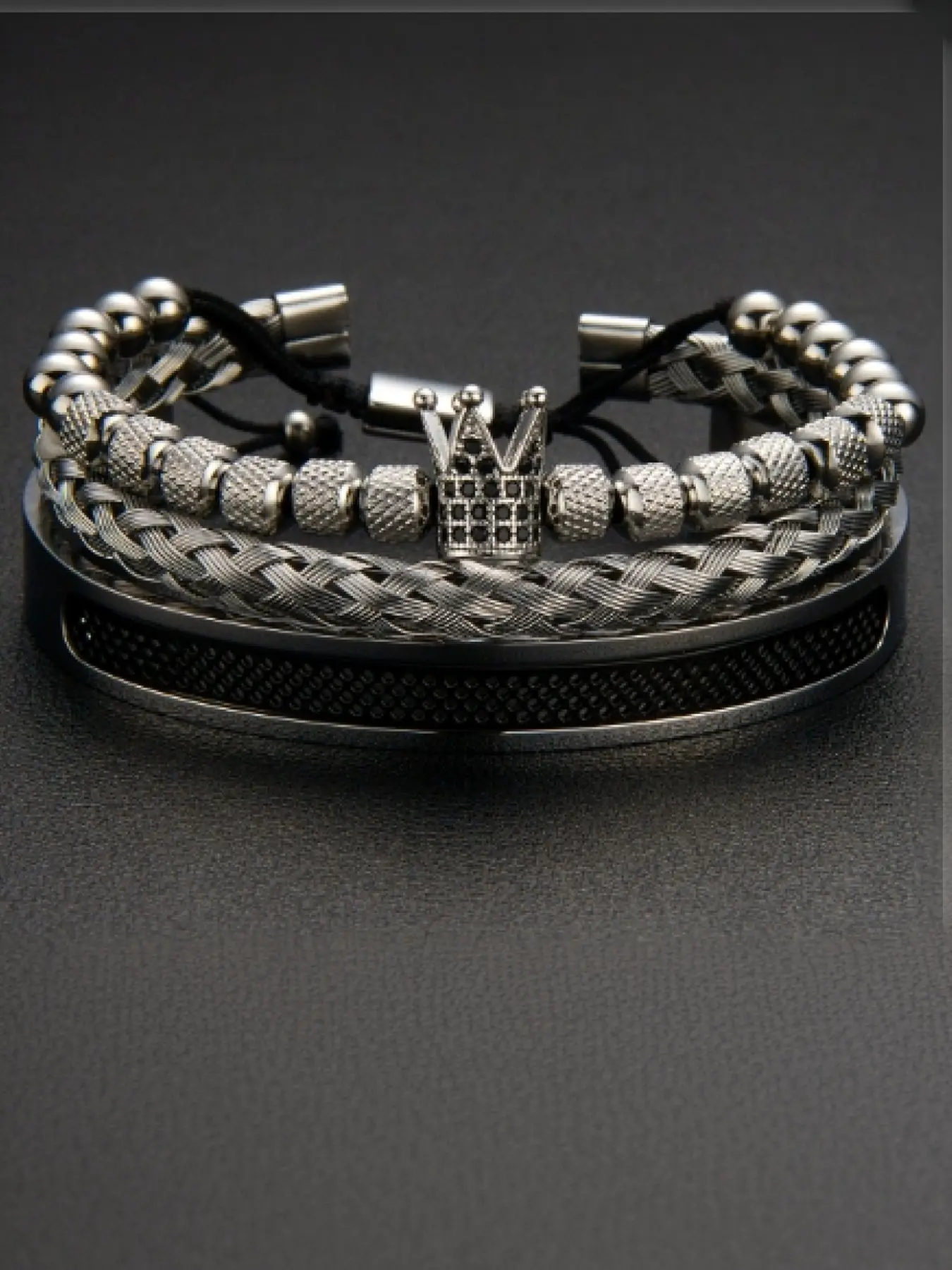 Men's Crown Design Beaded Bangle, Crown Motif, Fashionable Braid & Roman Numerals Cuff Bracelet for Party, Daily Decor, Trendy Exquisite Jewelry for Birthday Gift, Titanium Steel Bangle, Bangles Bracelets Set