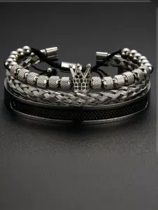 Men's Crown Design Beaded Bangle, Crown Motif, Fashionable Braid & Roman Numerals Cuff Bracelet for Party, Daily Decor, Trendy Exquisite Jewelry for Birthday Gift, Titanium Steel Bangle, Bangles Bracelets Set