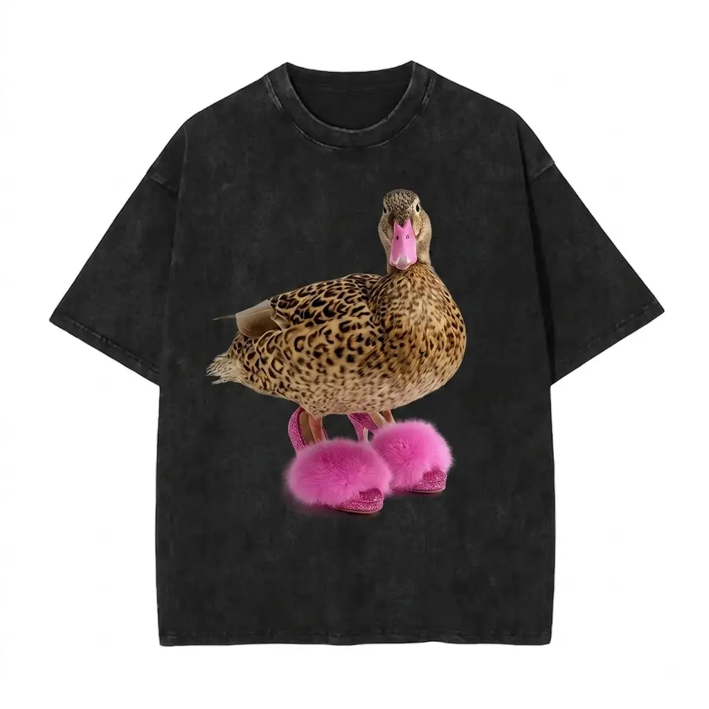 Surreal Duck in Pink Heels Graphic T-Shirt Vintage Acid Wash Oversized Alt Streetwear Tee