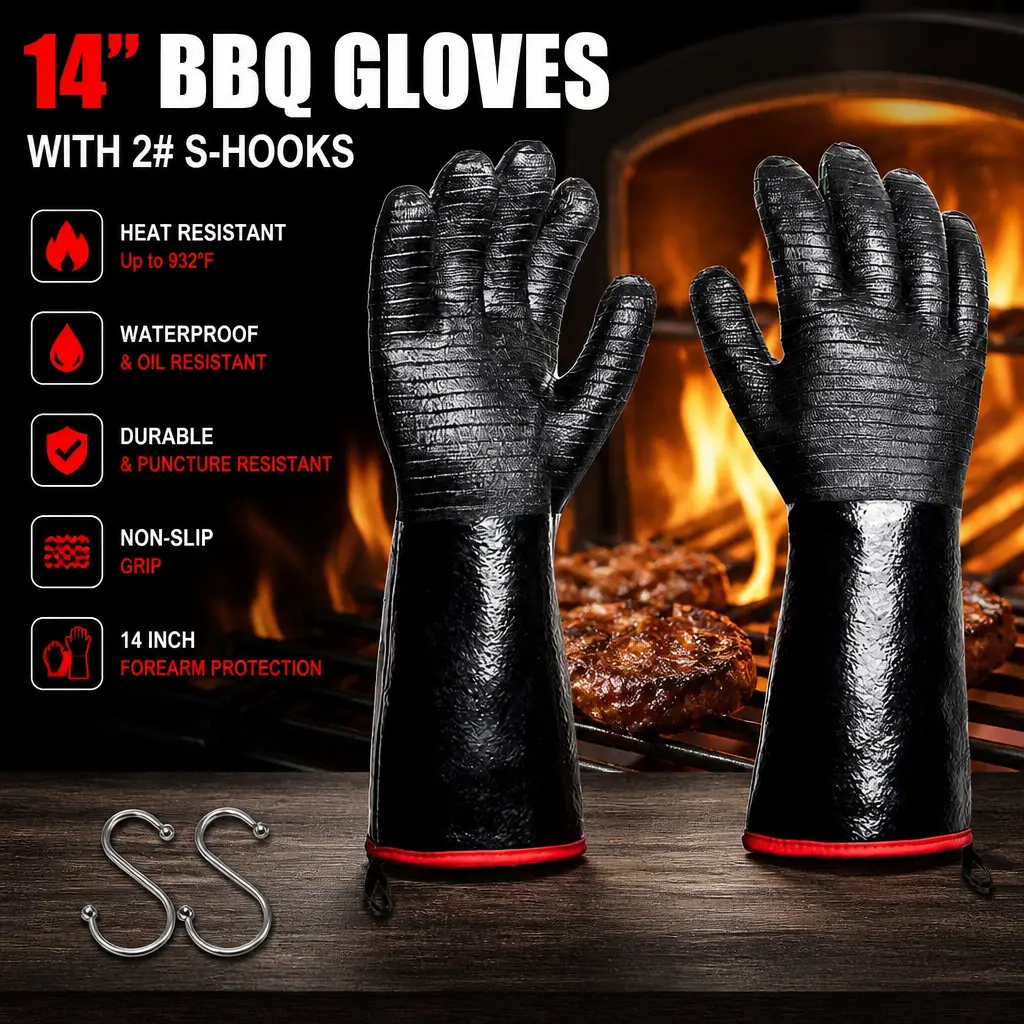 14 in Long Sleeve Oven Gloves - Extreme Heat Protection, Double-Layer Soft Cotton Liner, Food-Grade, Waterproof, Oil-Proof, Full Coverage Forearm Guard, Dipped Coated, S-Hook Included for Grilling, Turkey Fryer - Mid Year Sale Restock