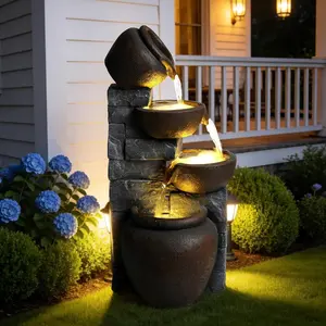 Premium Resin Outdoor Water Fountain 12.4" L x 9.6" W x 25.6" H, Cascading Cup Tabletop Waterfall Fountain, Modern Garden Water Feature for Patio, Yard, Indoor & Outdoor Decor Stone