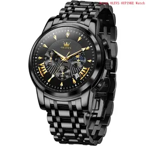 Brand OLEVS Men's Luxury Watch Waterproof Luminous Easy Read Chronograph Watches Full Gold/White Dail/Black Face with Calendar Wristwatch