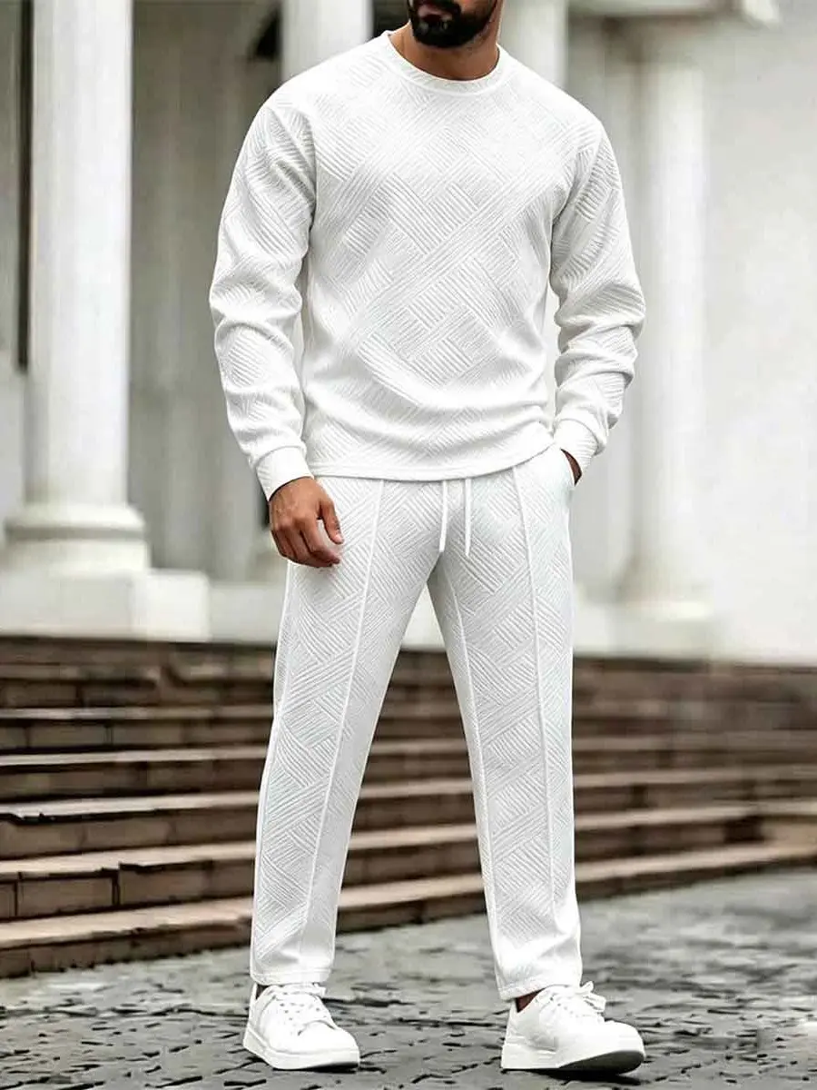 Men's Minimalist Solid White Diagonal Chevron Jacquard 2-Piece Tracksuit Set - Ribbed Crew Neck Long Sleeve Top, Elastic Drawstring Straight Leg Textured Pants, Soft Breathable Loose Fit Menswear Clothes for Daily Commute, Spring Fall Urban Wear, Sporty,,
