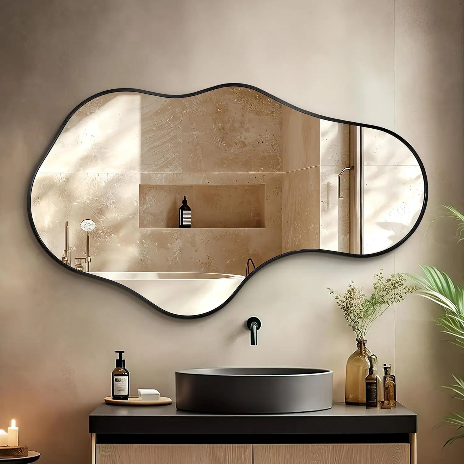 Irregular Wall Mirror - Wall Mirrors Decorative 22"x 36" Asymmetrical Abstract Mirror Aviation  Alloy Frame  for Bathroom, Bedroom, Living Room, Cloakroom, Entryway Black