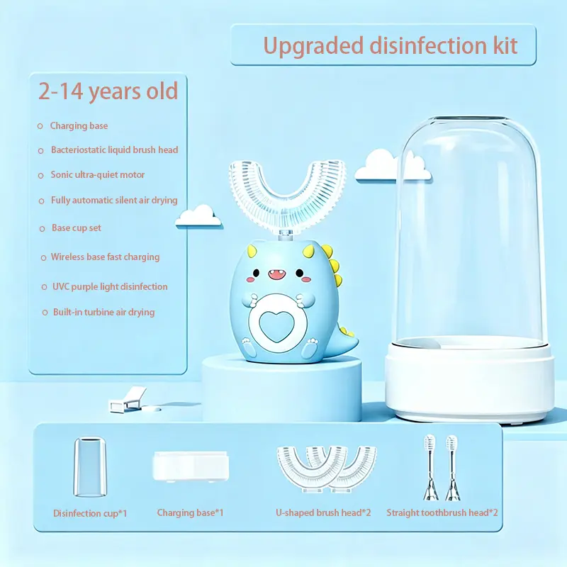 Kids Rechargeable Sonic U-Shaped Electric Toothbrush with 2-4 Brush Heads, 3 Cleaning Modes, UV Disinfection Cup, Full Mouth Oral Care Tool for Toddlers (Beauty & Personal Care Appliance)