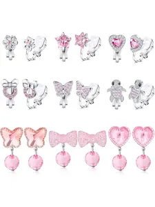 9 Pairs Cute Clip on Earrings for Women Hypoallergenic Butterfly Flower Heart Clip-on Dangle Non-Pierced Earrings Set Multicolored/Pink Tone Stainless Steel Earrings