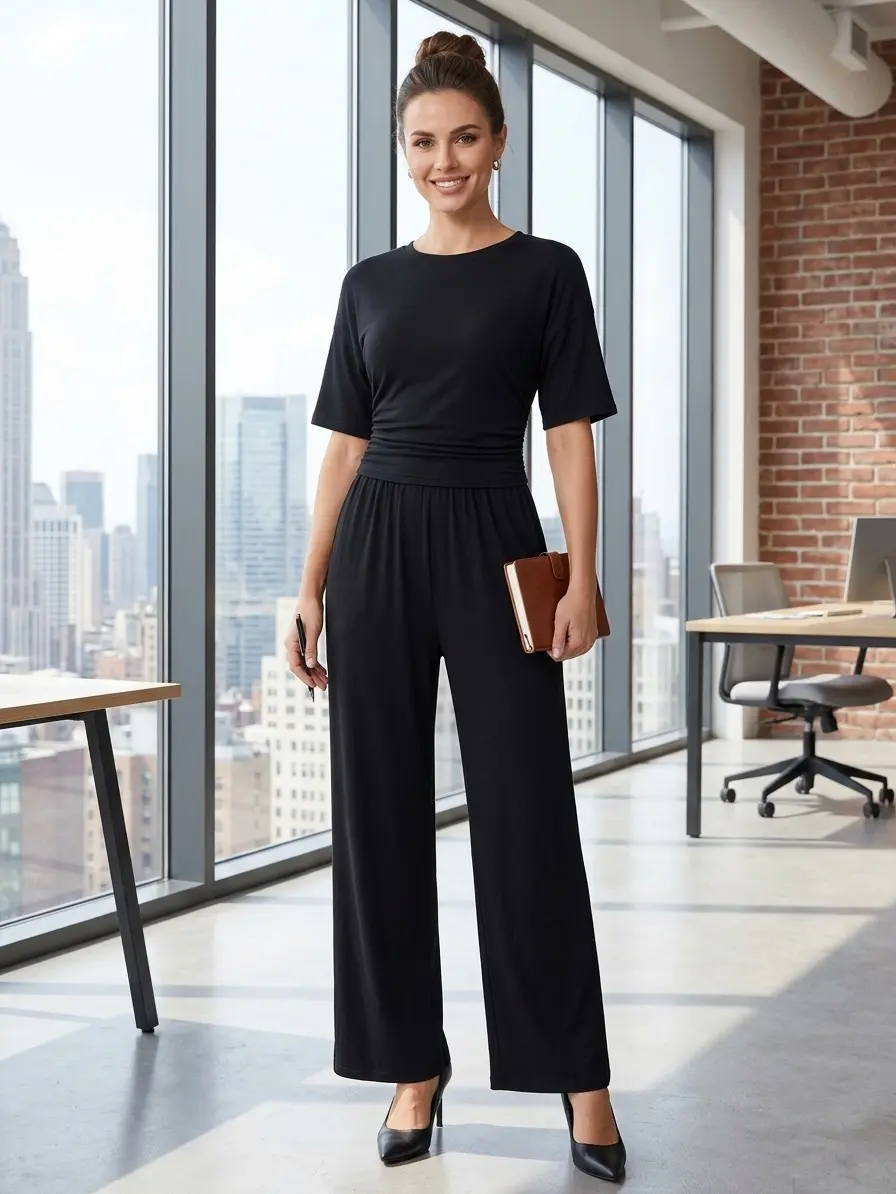 Elengatine Women Two Piece Outfit Set, Short Sleeve Ruched Crop Top with High Waisted Wide Leg Pants, Soft Stretchy Matching Set, Elegant Minimalist Casual Outfit for Work, Business Casual, Daily Wear, Office & Street Style Look