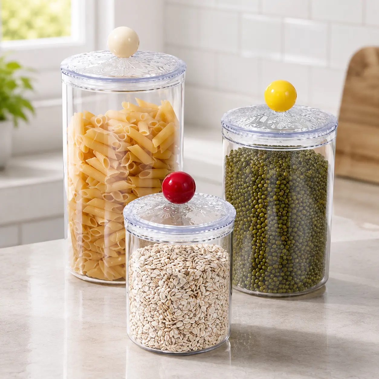 3-Piece Clear Airtight Food Storage Jar Set, 0.9L/1.4L/2L Kitchen Pantry Containers with Decorative Lids for Pasta, Cereal, Oats, Beans and Snacks
