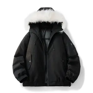 Men's Black Puffer Jacket with Faux Fur Hood, Oversized Warm Winter Outdoor Outerwear