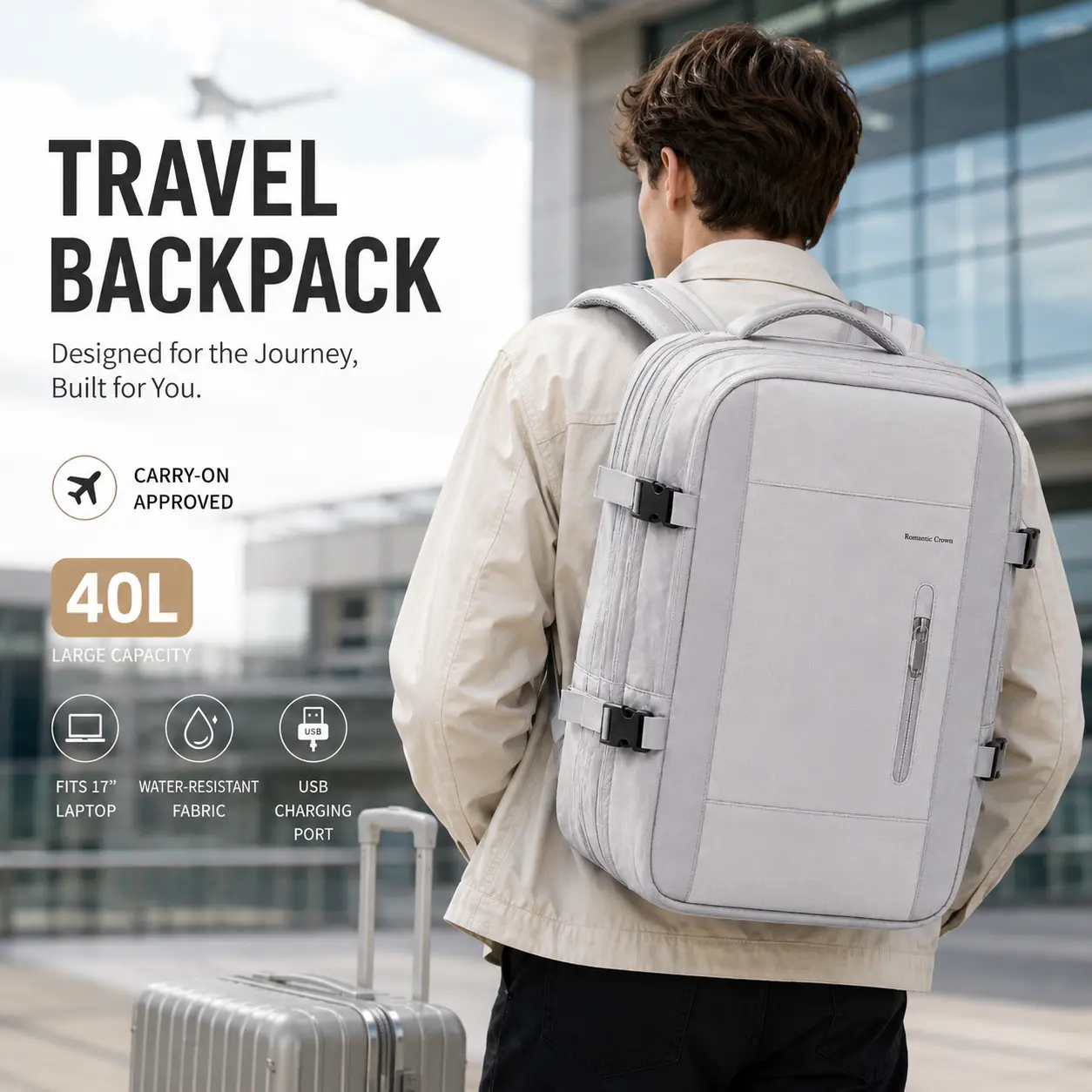 Grey Expandable Travel Backpack for Men - 22L, 15.6in Laptop Compatible, Airplane Approved Carry On Luggage, Water Resistant, Side Zipper Expandable, Trolley Sleeve, External USB Charge Port, for Work/Study