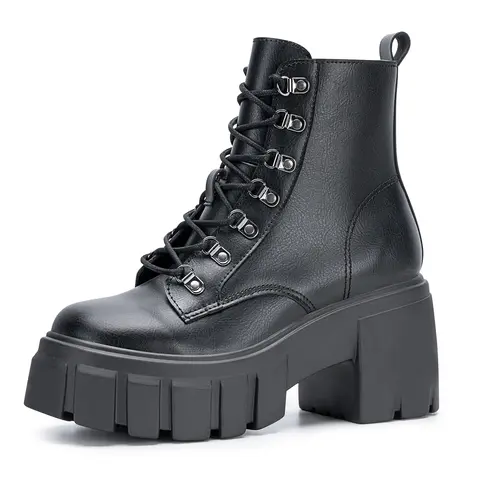 FITORY Women’s High Heel Cowgirl Combat Ankle Boots - Gothic Style, Lace-Up, Side Zipper, Modest, Chic, Faux Fur, Statement Shoes for Party, All Seasons, Sizes 6-11