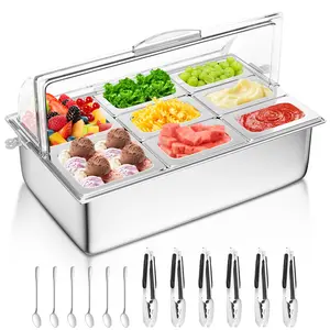 Countertop Food Serving Display Container, 8 Pan Stainless Steel Food Serving Tray, Buffet Condiment Dispenser Display Rack for Restaurant Hotel Kitchen Party