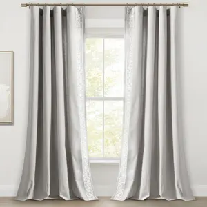 Lush Decor Luxury Modern Square Embroidery Border Single Window Curtain Panel - Sold Individually - 52"W x 84"L Faux Linen Geometric Design Room Decor Blinds Sun Shade Film