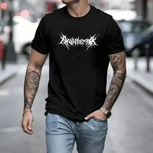 Men’s edgy graphic T-shirt with metal font, deathcore-style text print, soft cotton blend—perfect for rock music fans, lovers of alternative styles, and bold everyday casual outfits.