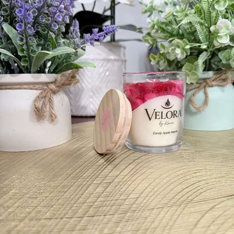 Velora by Karen Candy Apple Hearth Candle in Glass Jar with Wooden Lid for Home Decor