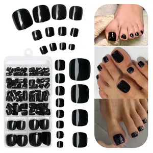 240Pcs Black Short Square Press on Toenails for Women, Acrylic Full Cover Fake Toe Nail Tips with Glue & Adhesive Tabs, Reusable Artificial Stick on Toenails for DIY Pedicure