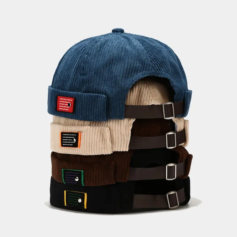 Corduroy Skull Cap Hat for Men & Women, Retro Brimless Sailor Beanie with Rolled Edge, Adjustable, Machine Washable, Men's Accessories, Skull Caps