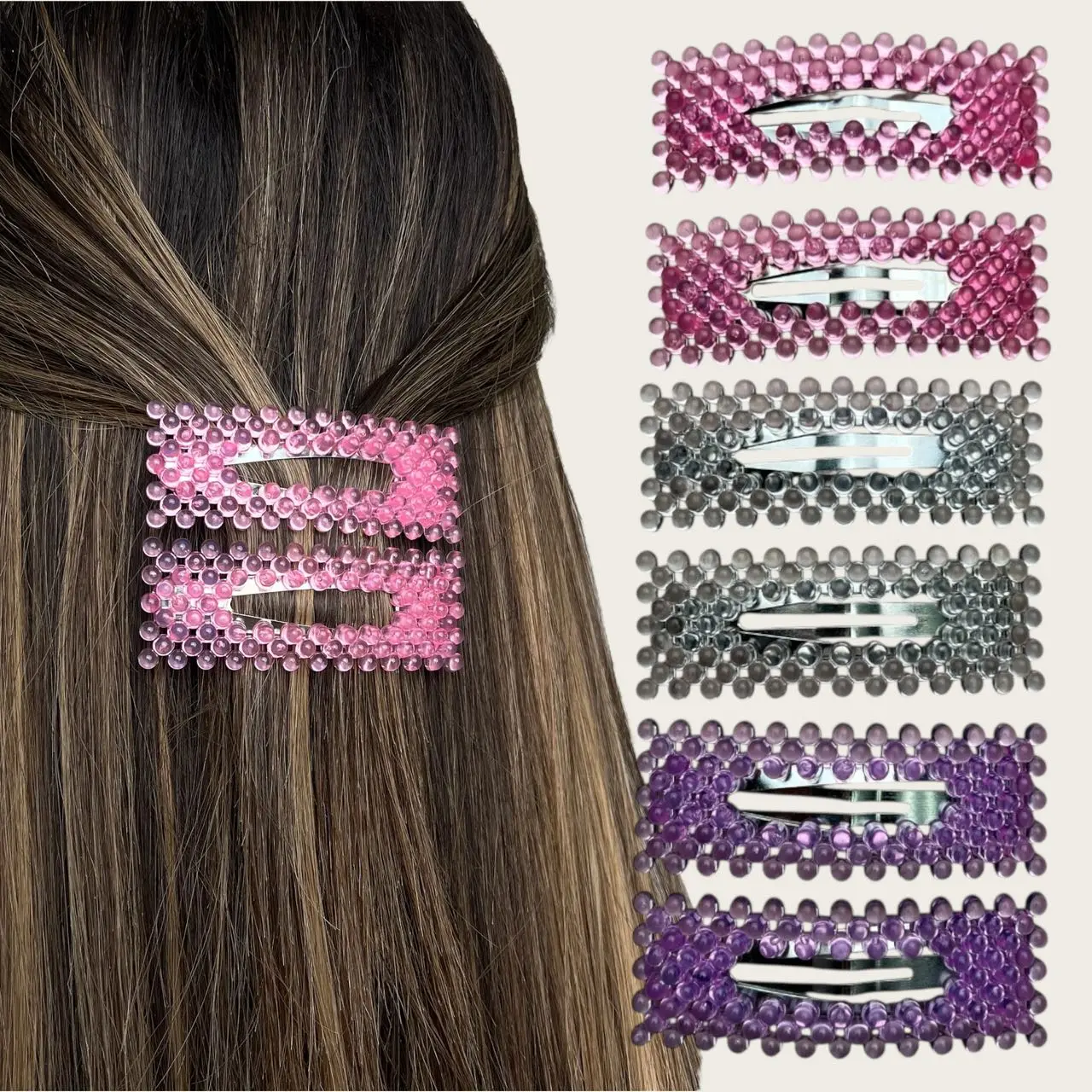 Hollow Rectangular Beaded Snap Hair Clips Colorful Seed Bead Barrettes for Women