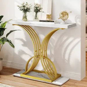 Modern Slim Accent Table, Versatile Console & Sofa Table With Faux Marble Top, Space-Saving Narrow Design For Entryway, Hallway, Or Living Room, White & Gold Adjustable Mobile Standing Desk Wheels Multifunctional Laptop Bed Tray Fan tv stand