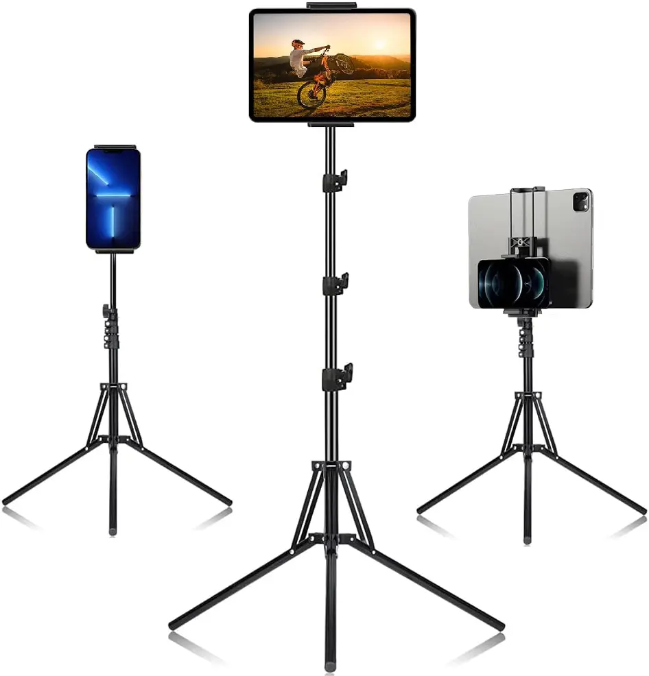 【Deals For You Days】Heavy Duty Tablet Tripod Stand 63” Tall, Floor Stand Adjustable Height for Watching/Stream/Recording, Tripod for iPad Pro 11”/Kindle/iPhone, and All 4.5-11” Tablet/Phone