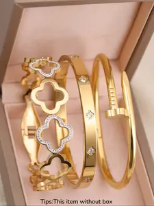 Women's Stainless Steel Bangle Bracelet Set, Chain & Flower Design Jewelry, Perfect Gift for Mom, Mother's Day, Birthday, Party Wear