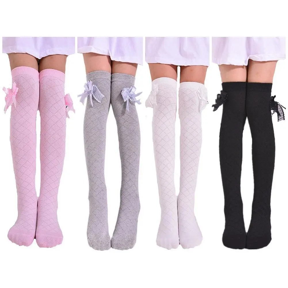Girls' Soft Cotton Kneesocks with Bows, 4-Pack Solid Color Dress Socks for Toddlers & Kids 2-12Y, Casual Soft Socks, Breathable Soft Socks, Casual Comfy Socks