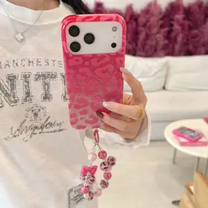Girls’ Chic Pink Leopard IMD Case | Glitter Finish + Double-Layer Protection | Wristband Included (Fits iPhone 17 16 15 14 13 Pro Max)